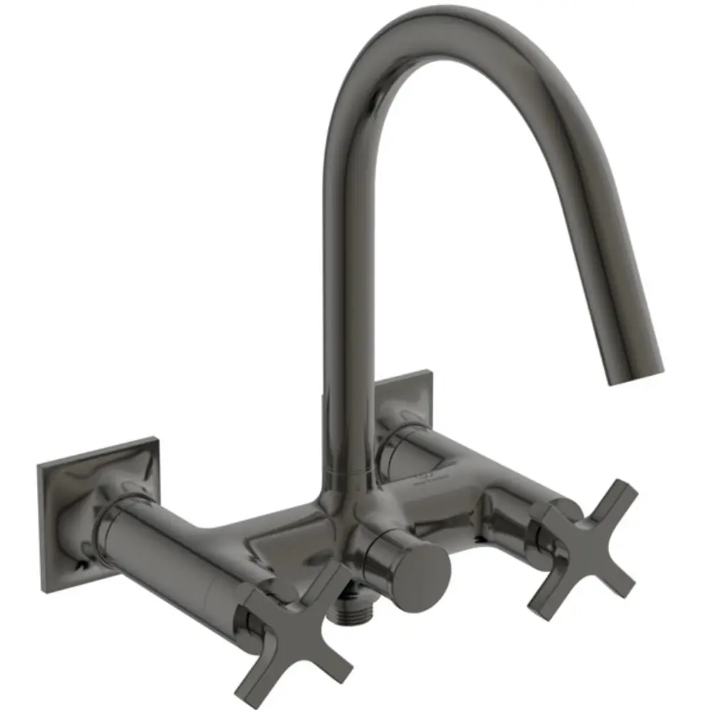 Wandmontierte Badarmatur in Magnetic Grey von Ideal Standard mit zwei Kreuzgriffen und einem hohen, gebogenen Auslauf.